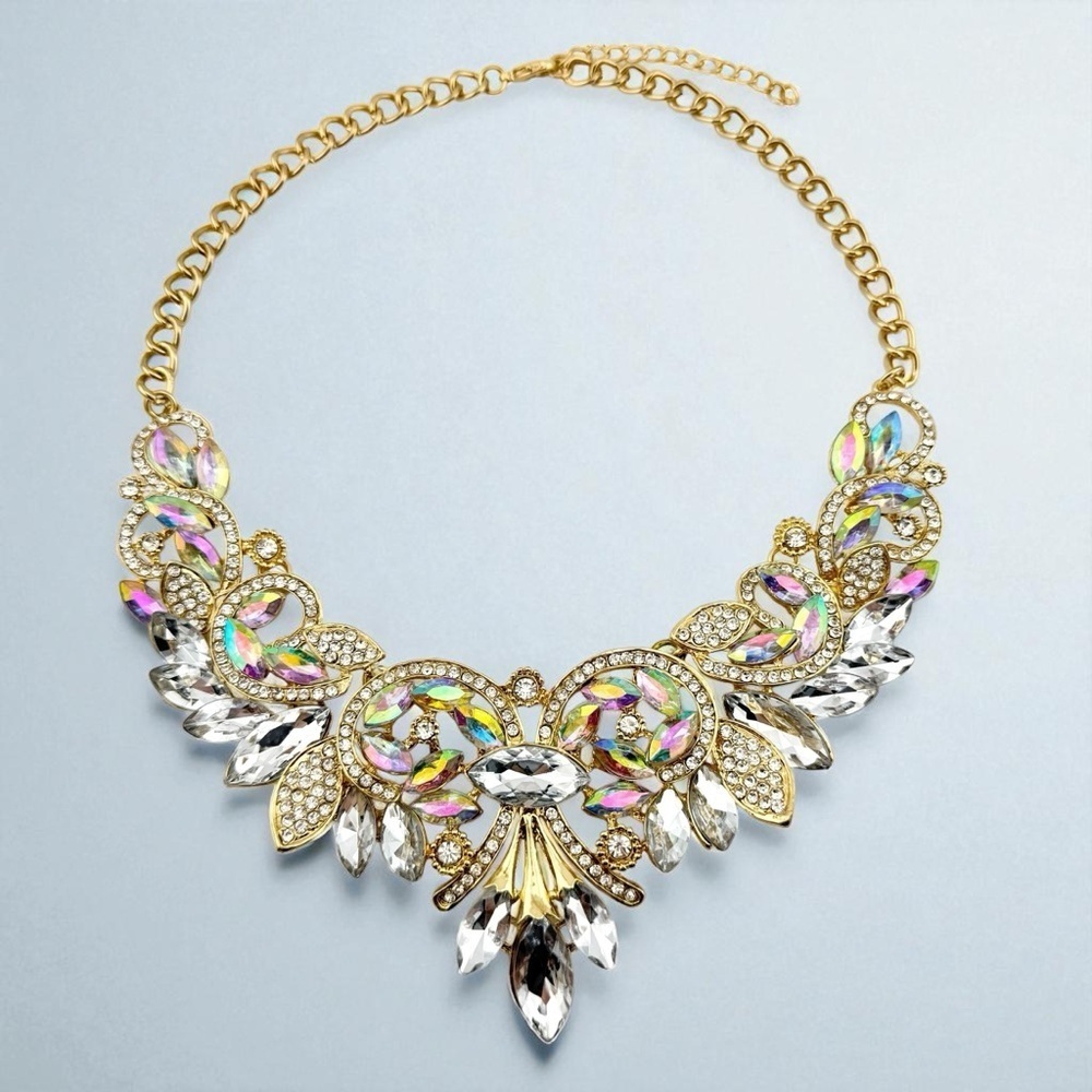Elegant Iridescent Gold Tone Crystal Statement Necklace - Picture 8 of 12